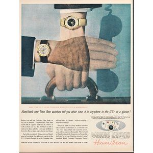 1956 Hamilton Time Zone Watches Vintage Print Ad Handshake Briefcase Travel 50s